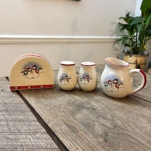 Royal Seasons 4 Piece Set Snowmen Snowflakes‎ Salt Pepper Pitcher Napkin Holder